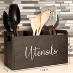 Black Kitchen Utensil Holder for Countertop – Large 3-Compartment Wooden Organizer & Caddy with Drain Holes, Farmhouse Kitchen Counter Utensil Holder, Rustic Wood Storage for Spoons, Spatulas & Tools