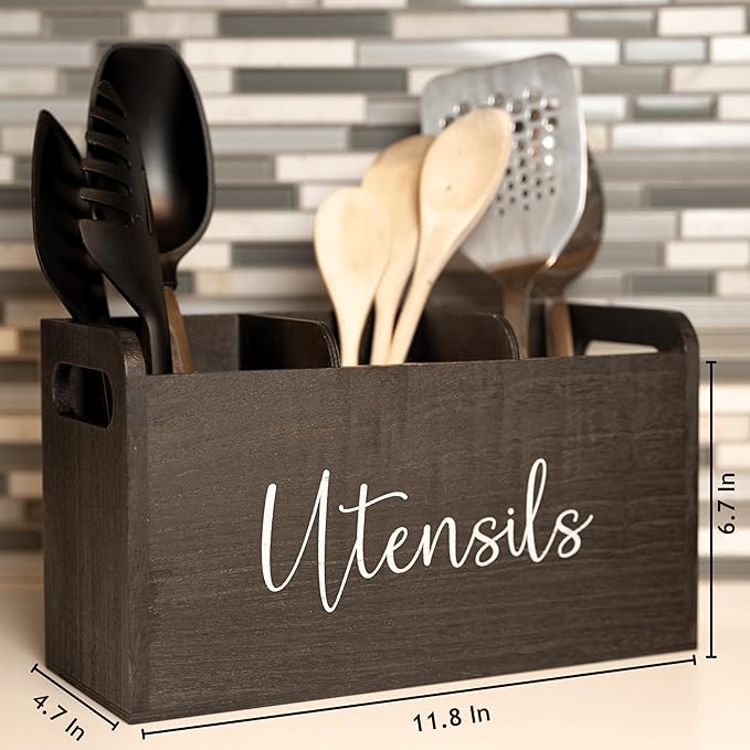 Black Kitchen Utensil Holder for Countertop – Large 3-Compartment Wooden Organizer & Caddy with Drain Holes, Farmhouse Kitchen Counter Utensil Holder, Rustic Wood Storage for Spoons, Spatulas & Tools