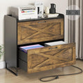 Lateral File Cabinet with Charging Station, 2 Drawer File Cabinet for Letter/Legal/A4 Size Hanging Files, Large Wood File Storage Cabinets, Rustic Brown and Black