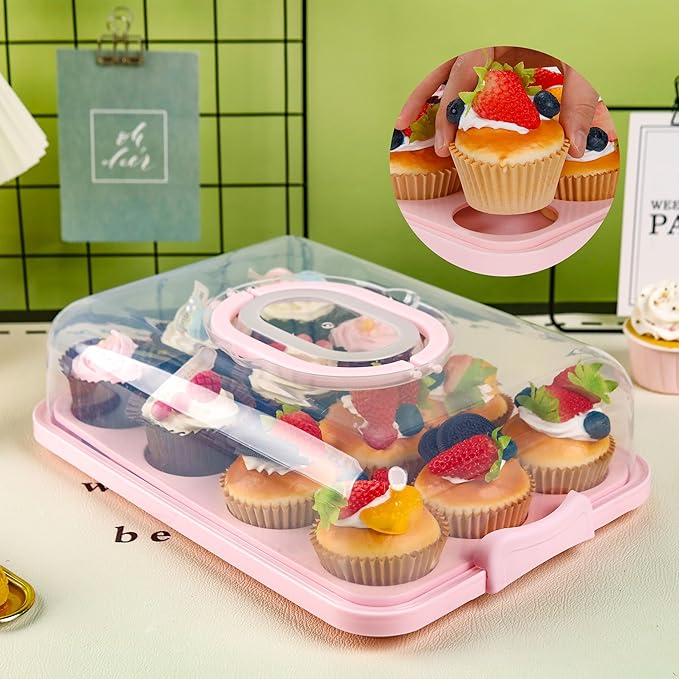 Cupcake Containers with Lid Rectangular Cake Carrier 3-in-1 Multipurpose Cupcake Holder for Muffins Pies Sweets Pastries Fruit or Snacks(Pink, 13" x 9" x 4")