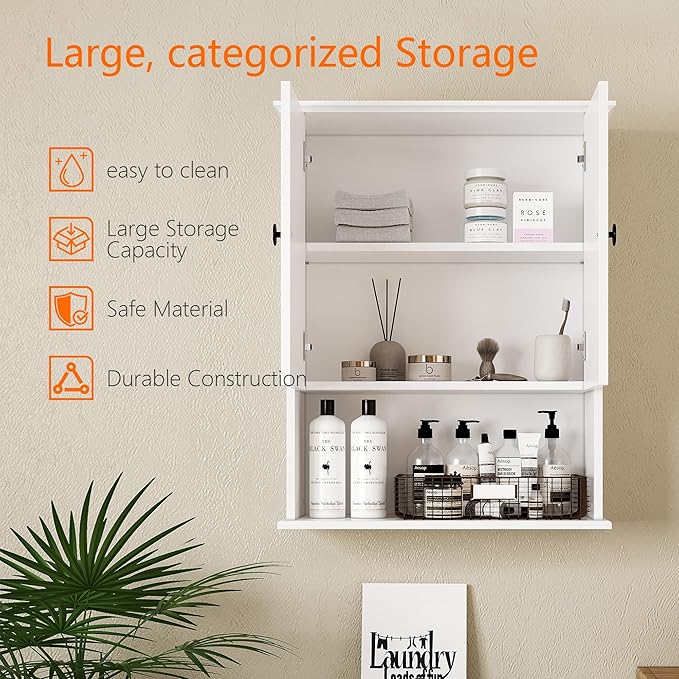 Medicine Cabinet, Above Toilet Storage Cabinet, 24x30 Inch Bathroom Wall Cabinet Over Toilet with 2 Soft-Close Shaker Doors & Adjustable Wood Shelf, Bathroom Cabinet Wall Mount White