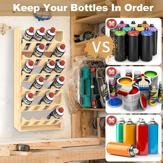 Nisorpa 24 Can Spray Paint or Lube Can Holder Aerosol Can Rack 6-Tier Wooden Spray Paint Can Storage Rack Wall Mount Aerosol Spray Can Organizer for Garage and Craft Workroom- 14.2" L x 5" W x 30" H