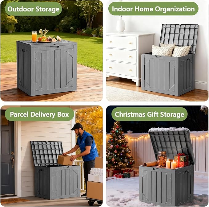 Outdoor Storage Box - 31 Gallon Waterproof Resin Deck Box, Lockable Patio Storage Bench for Package Delivery, Cushions & Garden Tools, UV Resistant (Grey, 31 Gal)
