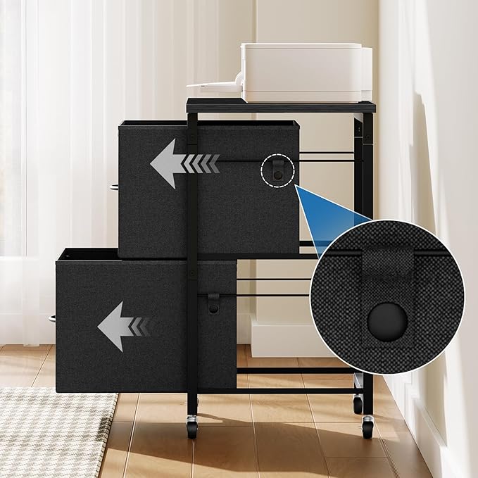 2 Drawer File Cabinet, Vertical Filing Cabinet with Wheels, Printer Stand with Non-Woven Fabric Drawer, Adjustable Hanging Rods, fits A4/Letter Size, for Home Office, Black FCBK5801