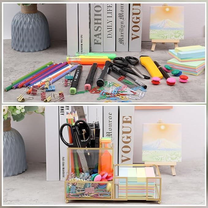 Desk Organizer with 3-Compartments,Glass Small Desk Organizer for Pens Pencils Business Cards Sticky Notes Paper Clips,Gold Stylish Pen Holder for Desk Home Office Decor
