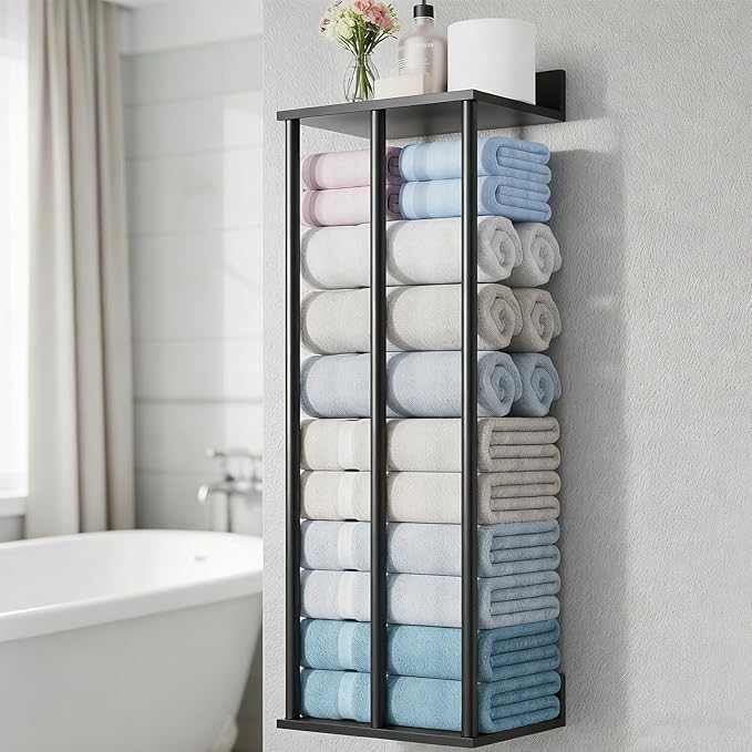 Bathroom Towel Storage, Black Bathroom Towel Holder, Wall Mounted 3 Bar Towels Racks Shelf Towels Organizer for Rolled Towels, Modern Storage Rack Organizer for RV, 34inch