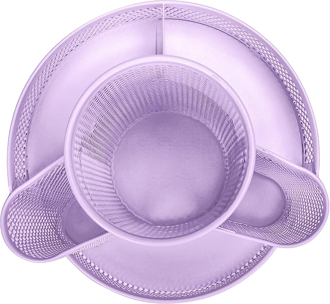 Annova Mesh Desk Organizer Rotate with 5 Compartments Round Spinning Tidy Candy/Pen Holder Desk Accessories Office, Art Supply, Storage, Classroom, Home (Light Purple)