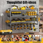 Large Power Tool Organizer Wall Mount with Charging Station, 400lbs Metal Storage Rack with 8 Cordless Drill Holder, 4 Tier Heavy Duty Battery Tool Shelf with 5 Outlet Power Strip for Garage