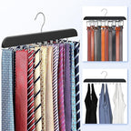 Upgraded Tie Rack Hanger with 20 Foldable Metal Hooks, Space Saving Necktie Organizer for Men – Large Capacity Tie and Belt Wooden Hanger for Closet - Black 2 Pack