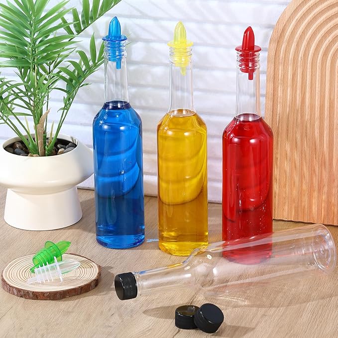 Tioncy 10 Sets 15oz Plastic Liquor Bottles with Pourers Sets 10 Plastic Long Neck Syrup Bottles with Pourer and Caps Reusable Leakproof for Home Party Bar (Multicolor)