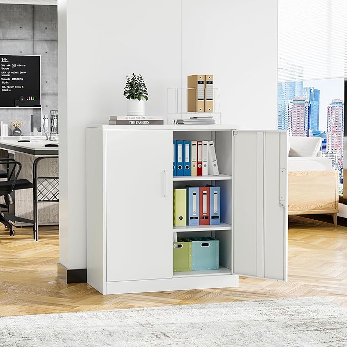 STANI Metal Storage Cabinet, Storage Cabinet with 2 Adjustable Shelves, Steel Counter Cabinet with Lockable Doors for Home Office (White)