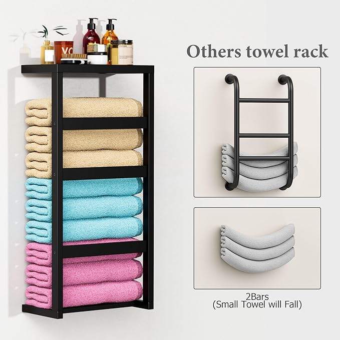 Bamboo Wall Blanket Ladder, 4-Tier Towel Racks, Bamboo Bath Towel Racks for Bathroom Wall Mounted, Decorative Blanket, Quilt, Towel, Scarf Ladder Shelves for Bathroom, Living Room, Bedroom， Black