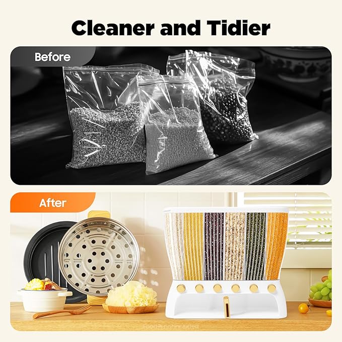 Dry Food Dispenser, Wall Mounted 6 Grid Beans Dispenser Grain Dispenser with Measuring Cup 22 Pounds Kitchen Storage Countertop Organizer for Kitchen Rice Beans Organizing
