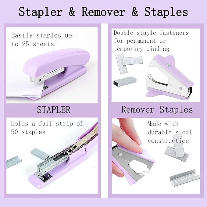 Purple Desk Accessories, Purple Office Supplies Accessories with Tape Dispenser, Stapler, Staple Remover, 1000 Staples, Tape, Clips Set, Ruler, Scissor, Pen