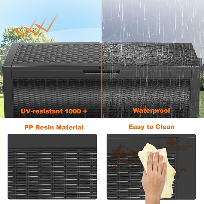 120 Gallon Resin Deck Box, Lockable Weatherproof Outdoor Storage Box for Furniture, Garden Tools and Tools Storage, Waterproof Outside Storage Boxes - Black