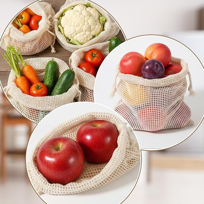 6 Pack Reusable Produce Bags Washable Reusable Bags Cotton Mesh Produce Bag Double-Stitched with Drawstring Vegetable Bag for Refrigerator for Farmer Market Beach Fruit Grocery Shopping （2L、2M、2S）