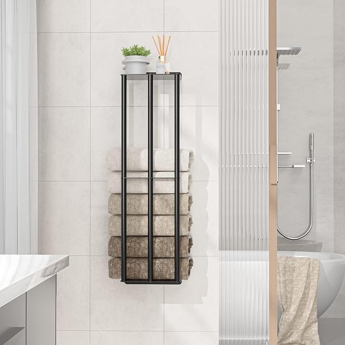 Towel Racks for Bathroom 31 Inch - Wall Mounted, Solid 2 Metal Shelves and 3 Vertical Bars, Can Holds 6 Large Rolled Bath Towels - for Modern Decor Bathroom Towel Storage (Matte Black)