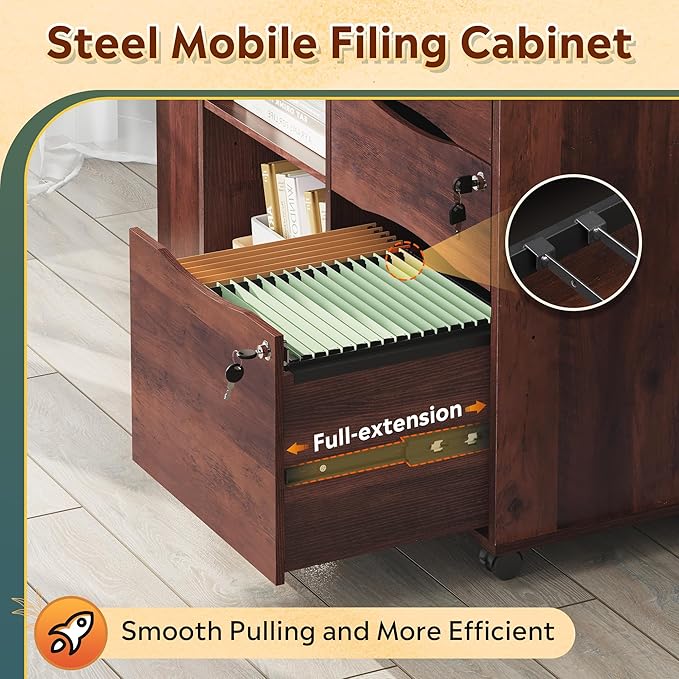DEVAISE File Cabinet with Lock, 3 Drawer Rolling Mobile Lateral Filing Cabinets with Charging Station Printer Stand with Open Storage Shelves Fits A4 or Letter Size for Home Office Brown Oak