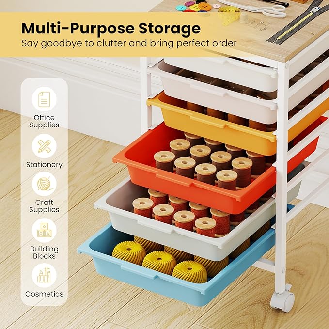 GOFLAME 6-Drawer Rolling Storage Cart, Craft Storage Cart with Wooden Tabletop and Lockable Wheels, Art Cart Supply Storage Organizer with Metal Frame for Home Office Classroom, Macaron Color