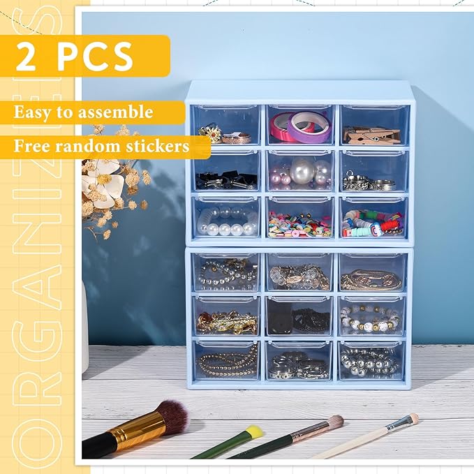 Wenqik 2 Pcs Mini Storage Drawers Teacher Toolbox Organizer with 9 Clear Drawers Small Plastic Desktop Teacher Desk Craft Organizer for Classroom Office 7" x 3. 9" x 4. 7"(Blue)