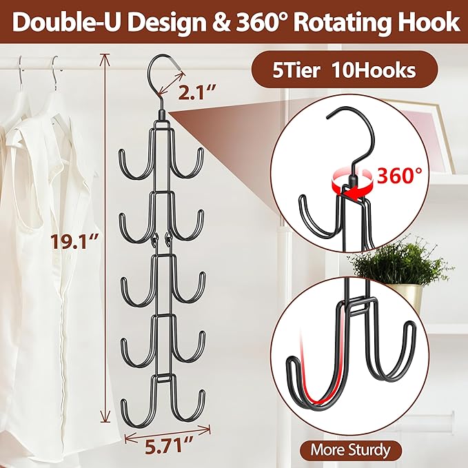 10-Hook Hat Hangers for Closet, Stainless Steel Hat Organizer, Collapsible Hat Holder, 360° Rotating Cap Rack, Space Saving Hat Storage for Baseball Caps