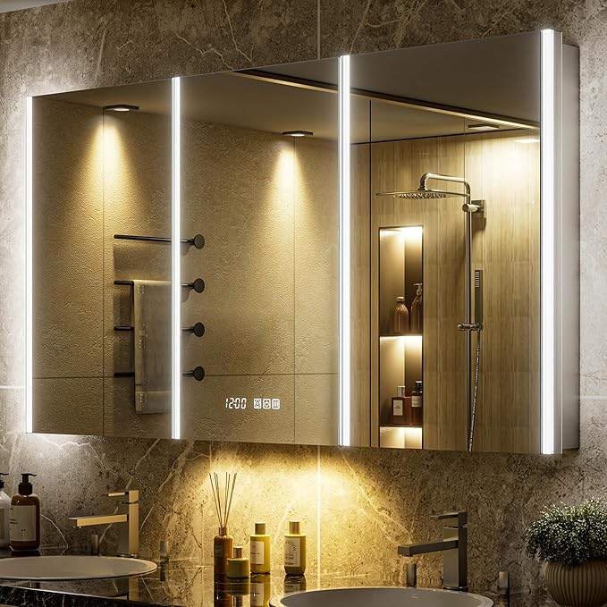54x30 Lighted Medicine Cabinet Mirror with Lights & Smart Night Lamp -Surface or Recessed Medicine Cabinet with Outlet & Clock,Fogless Dimmable LED Storage Mirror,Built-in Sensor Light