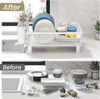 SNTD Dish Drying Rack - Small Dish Rack for Kitchen Counter, Stainless Steel Dish Drainer with Utensil Holder and Drainboard, 11" W x 15" L (White)