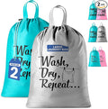 Extra Large Travel Laundry Bag - 2-Pack Fun Print Design Bags for Dirty Clothes - Durable Water-Resistant Fabric - Sturdy Drawstring Closure (Teal-Grey | Wash Dry Repeat)