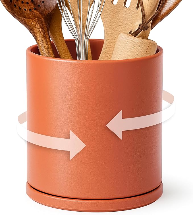 D'vine Dev 360° Rotating Utensil Holder – 7.2" Kitchen Utensil Crock for Countertop, Modern Cooking Tool Organizer for Kitchen Storage & Décor, Pumpkin, 72-X-E-2