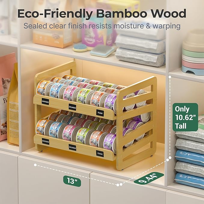 Cat Food Can Organizer for 3 oz & 5.5 oz Wet Cat Food Cans, Wooden FIFO Can Dispenser for Pantry or Feeding Station, Includes Dry-Erase Labels, Marker & Anti-Slip Pads