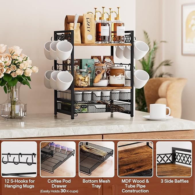 Coffee Bar Station Organizer, 4 Tier K Cup Organizer Mug Holder with 12 Hooks, Coffee Pod Holder, Multifunctional Countertop Organizer for Kitchen