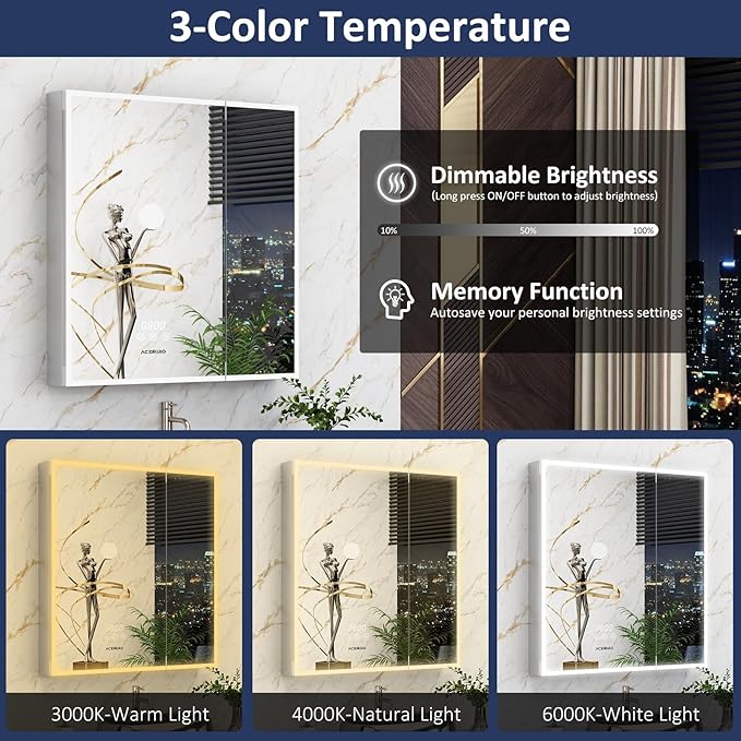 30"×32" Lighted Medicine Cabinet Mirror, Recessed Bathroom Mirror Cabinet with Lights, Defogger, Dimmer, Clock, Built-in Outlet & USB Ports, Wall-Mounted LED Bathroom Mirror, Double Door