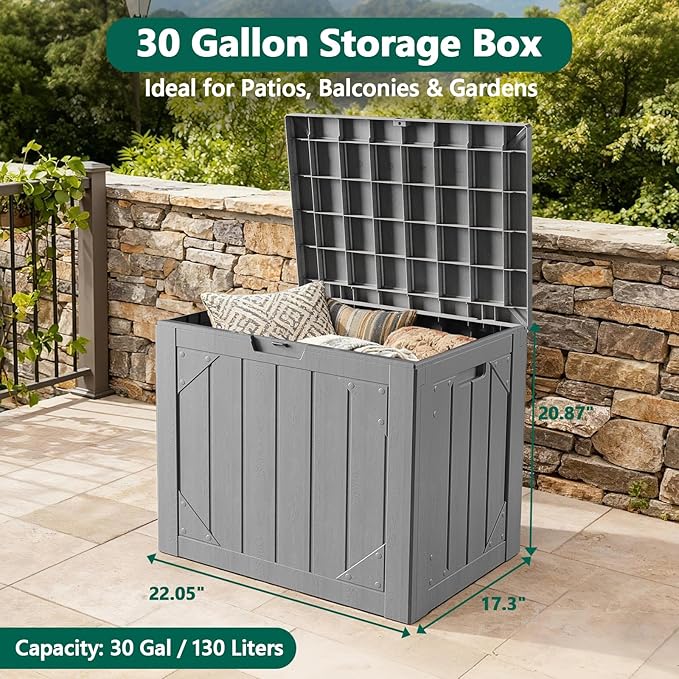 Outdoor Storage Box - 30 Gallon Waterproof Resin Deck Box, Lockable Patio Storage Bench for Package Delivery, Cushions & Garden Tools, UV Resistant (Grey)