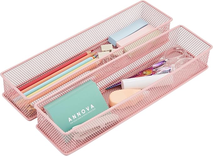 Annova Mesh Stackable Drawer Cabinet and Shelf Organizer Bins Storage Basket School Office Supply Holder Tray- Set of 2 (Light Pink, 3x12x2 Inch)