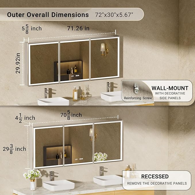 72x30 Lighted Medicine Cabinet with Mirror, Beveled Brushed Nickel Framed Surface or Recessed Fogless Dimmable LED Medicine Cabinet with Outlet, Time Display and Sensor Inner Light