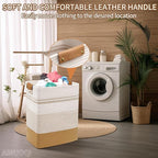 Laundry Hamper Large Laundry Basket with Leather Handles, Decorative Storage Cotton Rope Woven Basket for Blankets, Clothes Hamper for Living Room, Jute & White, 85L