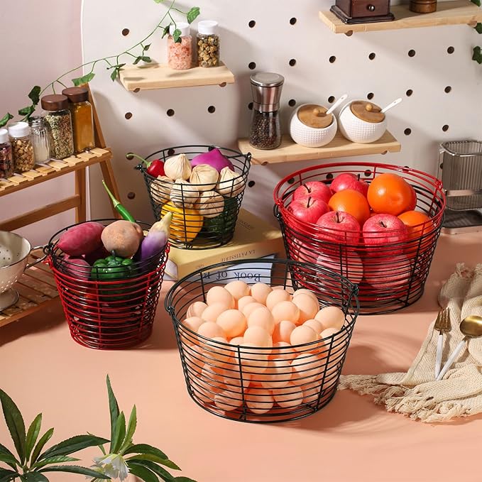 Colorful Metal Mesh Wire Egg Collecting Basket with Handle Portable Garden Vegetable Fruit Storage Lightweight Hanging Collector for Farmhouse Gathering Kitchen Picnic (Red, Normal - 8")