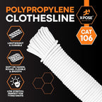 Plastic Clothesline - 100' Plastic Clothes Line - White Outdoor Weather Resistant - Synthetic Cord for Hanging and Drying Clothing & Laundry - Plastic Rope Clothes Line String for Pulley 6 Pack