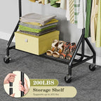 Clothes Rack Load 450 LBS, Heavy Duty Garment Rack, Standing Rolling Metal Hanging Clothes with Sturdy Wheels & Shelves, Black