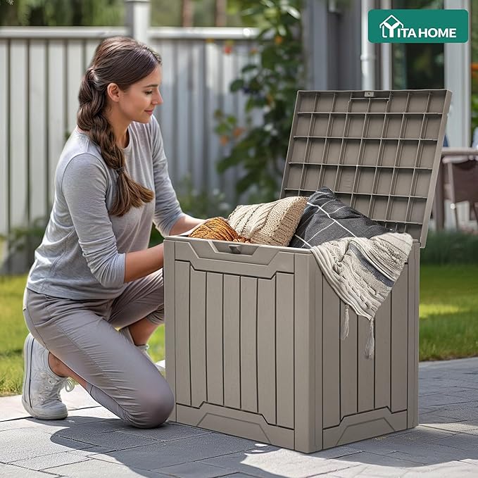 YITAHOME 31 Gallon Resin Deck Box Outdoor Storage Box and Waterproof Package Delivery Box with Lockable Lid forPatio Furniture, Garden Tools, Pool Supplies, Taupe