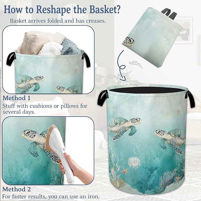 Sea Turtles Laundry Basket,Foldable Oxford Cloth Jellyfish Coral Laundry Hamper with Handles, 20.8"x16" Tote Bag Clothes Storage Bucket for Laundry Room/Bathroom/Bedroom/Dormitories