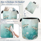 Sea Turtles Laundry Basket,Foldable Oxford Cloth Jellyfish Coral Laundry Hamper with Handles, 20.8"x16" Tote Bag Clothes Storage Bucket for Laundry Room/Bathroom/Bedroom/Dormitories