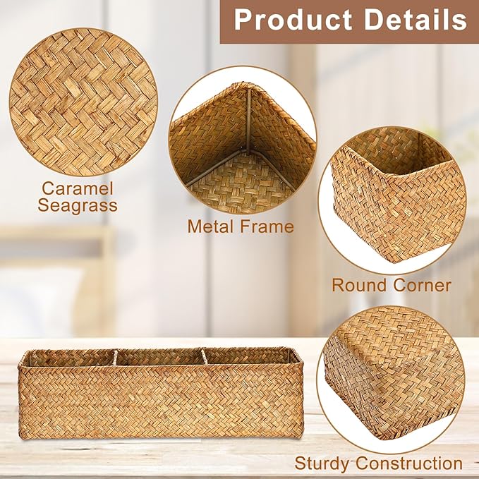 Hipiwe Handwoven Seagrass Storage Basket 3 Sections Toilet Tank Paper Organizer Decorative Shelf Basket for Pantry Living Room Kitchen, Caramel Color