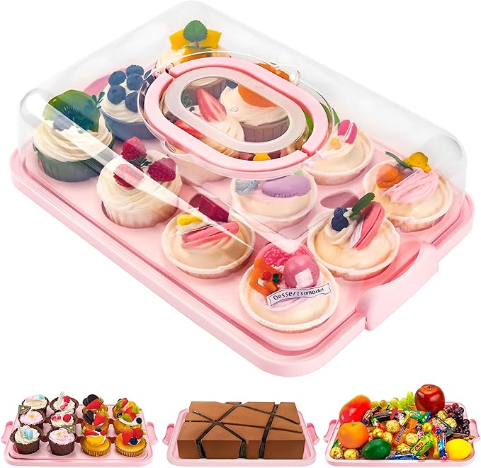 Cupcake Containers with Lid Rectangular Cake Carrier 3-in-1 Multipurpose Cupcake Holder for Muffins Pies Sweets Pastries Fruit or Snacks(Pink, 13" x 9" x 4")