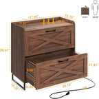 File Cabinet 2 Drawers Lateral File Cabinet with Charging Station for Letter/Legal/A4 Size Hanging Files, Large Wood File Storage Cabinets Printer Stand for Home Office, Dark Walnut