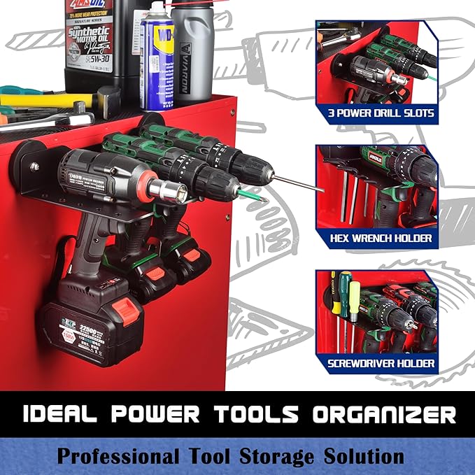 ULIBERMAGNET Power Tool Organizer, 3 Slot Utility Storage Rack Shelf with Screwdriver Holder,Wall Mount Heavy Duty Cordless Drill Holder,Removable Tool Rack Suitable for Garage, Workshop and Warehouse
