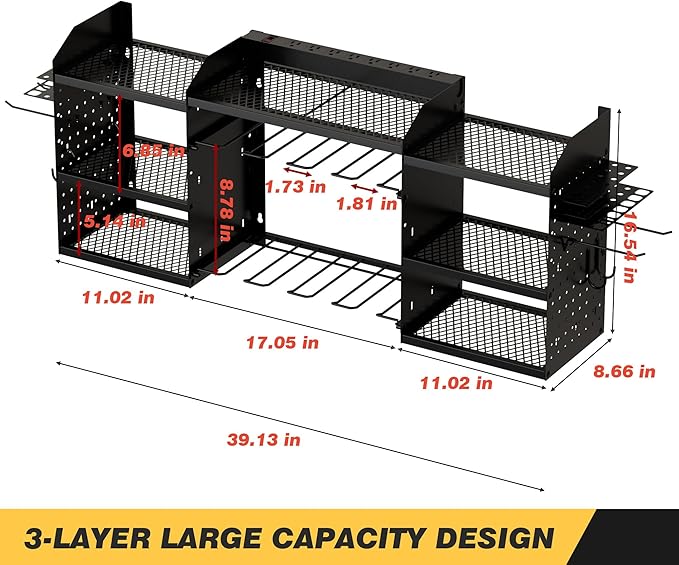 Power Tool Organizer Wall Mount with Charging Station, Heavy-Duty Metal Garage Tool Storage Rack & 8 Outlet Power Strip, 51 Inch 3 Tier 8 Bin Shelves for Workshop Organization