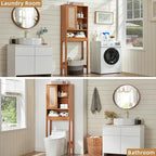 LEYAOYAO Over The Toilet Storage Cabinet with Rattan Sliding Door, 68" Tall Wood Above Toilet Bathroom Organizer w/Adjustable Shelf & Curved Profile, Space Saver Freestanding Washer Shelf