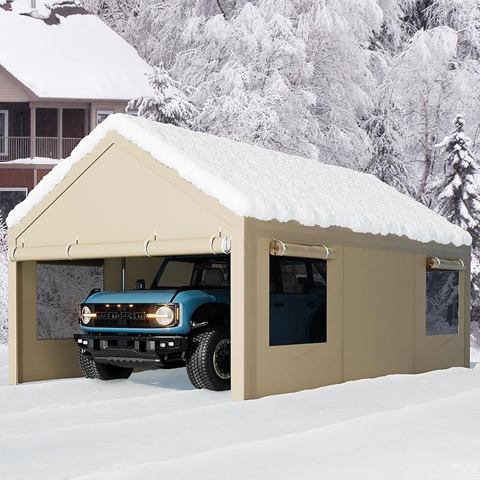 Nuturelly 10x20 FT Carport, Heavy Duty Carport Canopy with Roll-up Windows, Portable Garage with Removable Sidewalls & Doors, Car Canopy with All-Season PE Tarp for Car, Truck, Boat(Khaki)