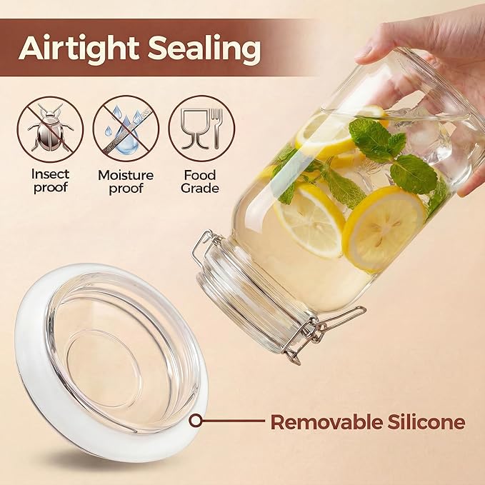 Square Glass Jars with Airtight Lid Set of 3, 50 floz Wide Mouth Mason Jars with Clamp Lids,Glass Sealed Jars with Air Tight Lids, Best for Kitchen & Pantry Food Storage